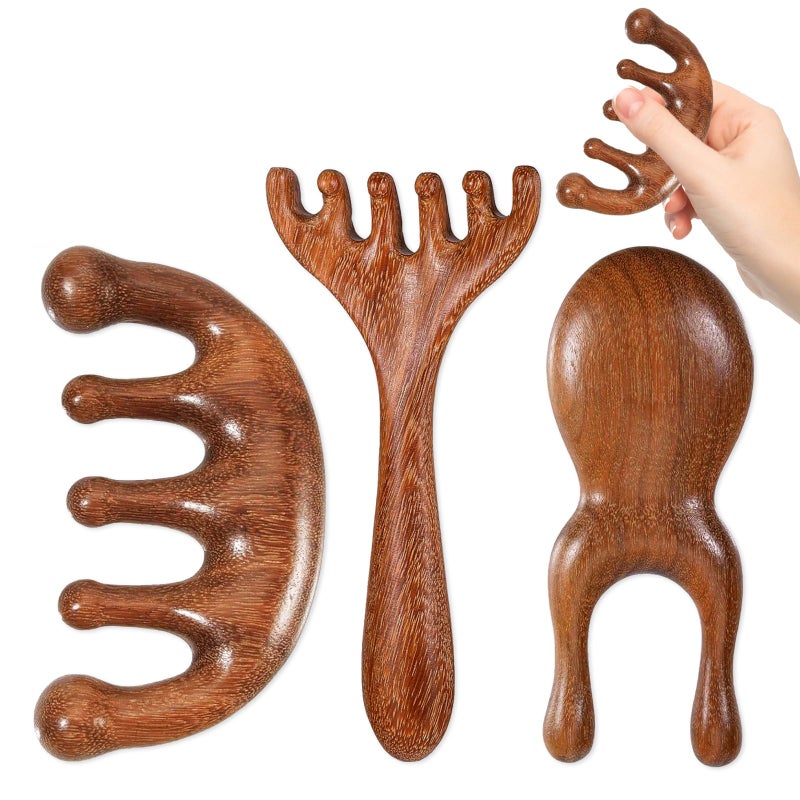3 PCS Wooden Scalp Gua Sha Combs, Six-Claw Meridian Massage Comb with Wide Tooth, Deer Antler Massage Comb, Stress Relief & Hair Care, Hair Massager Tool for Men Women